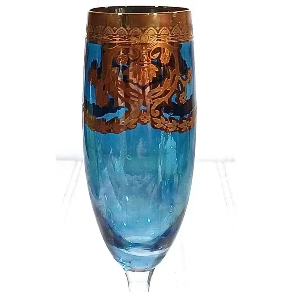 GlassOfVenice Murano Glass Champagne Flutes 24K Gold Leaf - Blue Set 4 Vintage - Picture 13 of 16